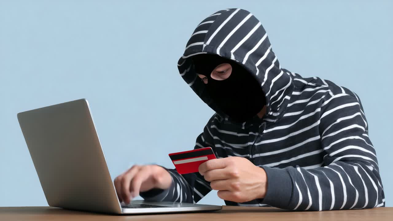 Anonymity in Action: A Hooded Figure Engages in Suspicious Online Activity While Holding a Credit Card, Highlighting Risks of Cyber Crime and Identity Theft