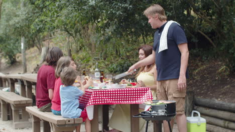 foto de mano del padre cocinando verduras y carne a la parrilla para su familia durante un picnic en el bosque