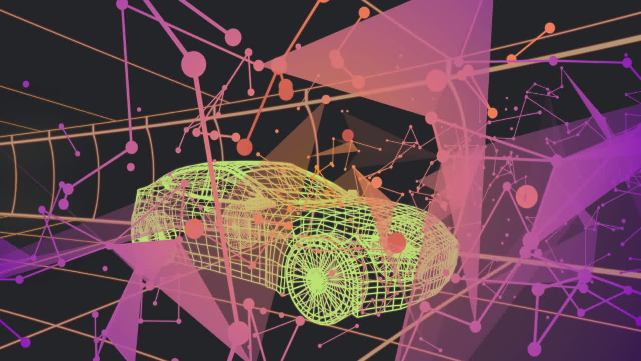 Animation of neon wireframe car with abstract geometric shapes and lines
