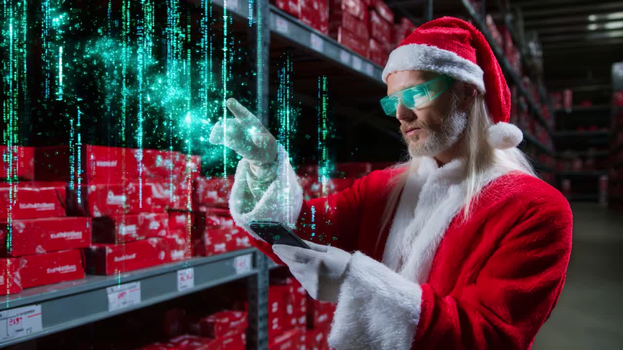 A High-Tech Santa Claus in a Warehouse Utilizing a Tablet to Manage Inventory and Catch Up on Holiday Preparations with Futuristic Visuals and Glowing Effects