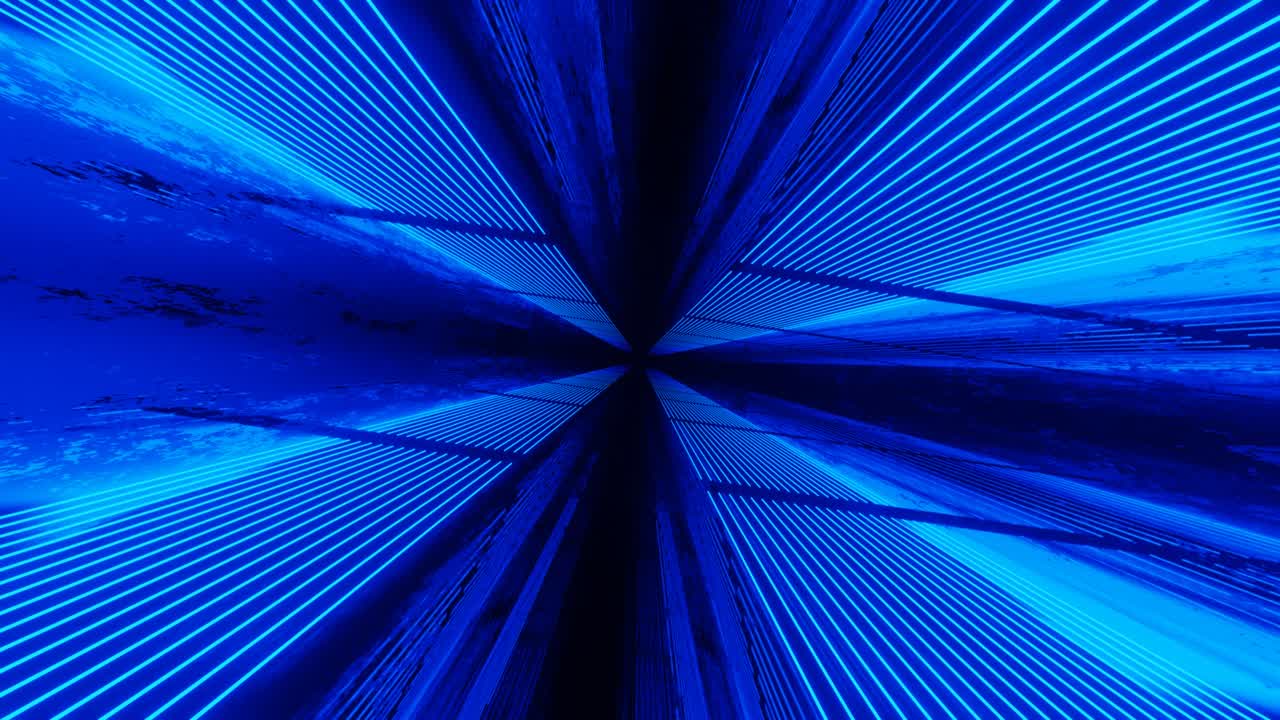 líneas azules brillantes. animación en bucle sin costuras de 4k. volar a través del túnel de espejo con patrón de neón, líneas brillantes forman patrón de ciencia ficción. brillante reflexión luz de neón. simple fondo brillante, estructura de ciencia ficción