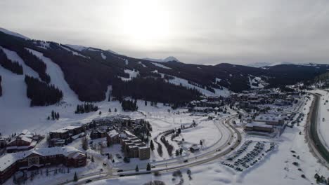 Drone-aerial-views-of-ski-resort-condominiums-and-hotels-during-busy-hours