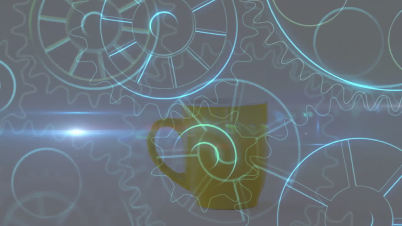 Floating neon gear outlines swirling around yellow coffee mug sitting center in 3D render