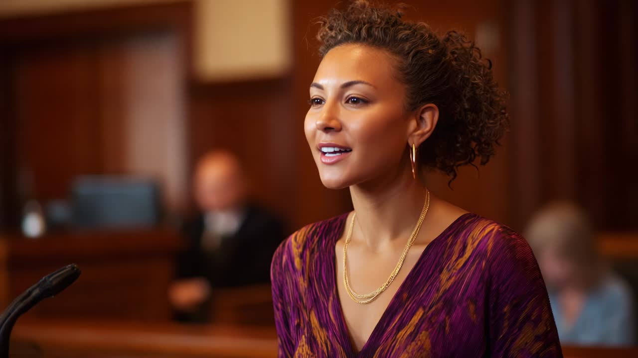 A Confident Young Woman Delivers Her Testimony in Court, Capturing the Tension and Emotional Weight of Her Words as She Engages with the Legal Process During a Critical Moment of Justice
