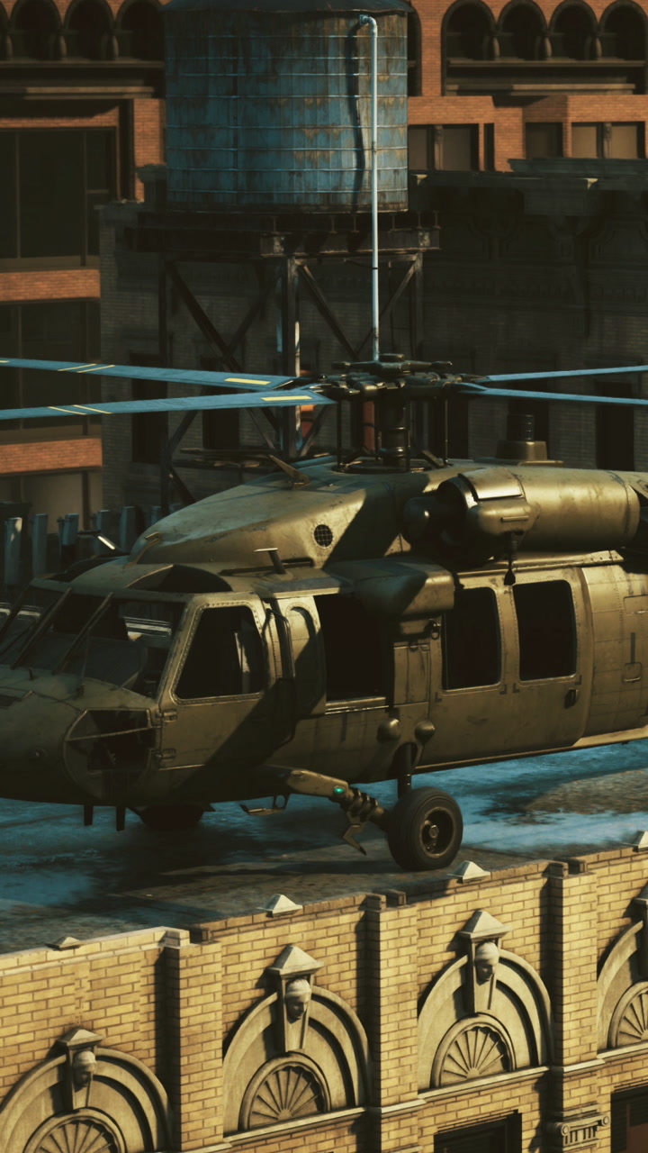 Helicopter lands on a rooftop in an urban environment during daytime