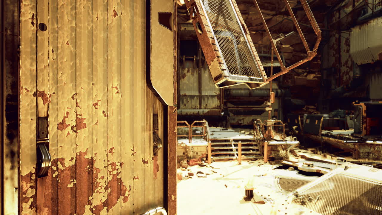Abandoned industrial space with worn surfaces and scattered debris