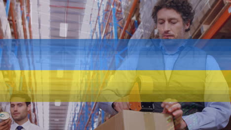 animation of data processing over peace symbol and caucasian workers in warehouse