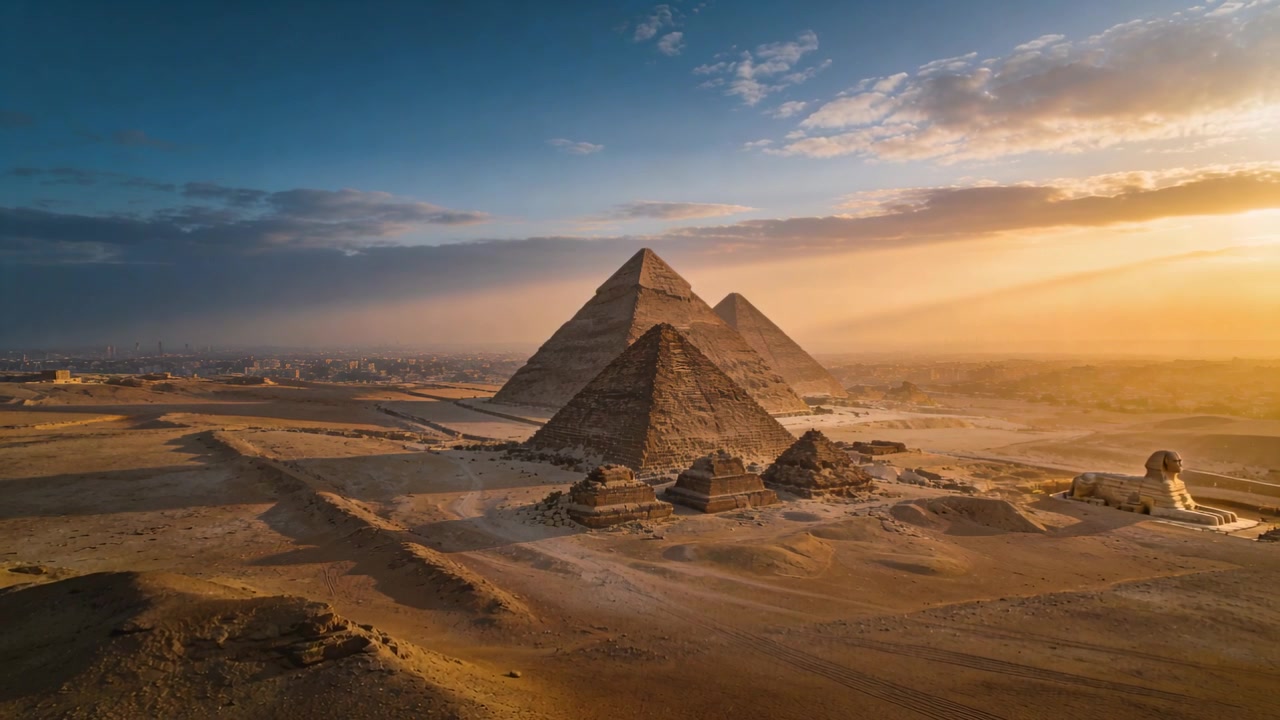 Drone in movimento avanza sull'altopiano di Giza, rivelando un gruppo di piramidi e la Sfinge illuminata dal sole.