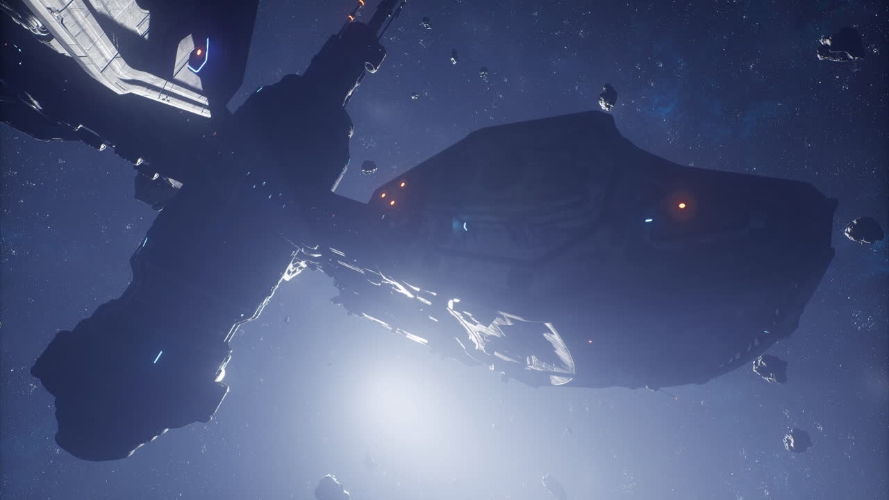 Exploring a massive space station surrounded by asteroids under distant stars