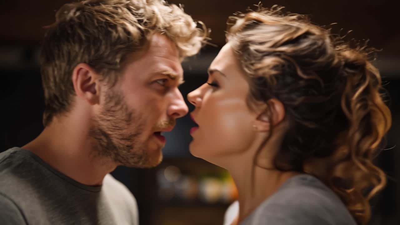 Una mirada intensa se cruza entre dos personas. Emociones contenidas bajo una iluminación suave y cálida. Un primer plano captura la tensión en sus rostros. Perfecto para escenas dramáticas de amor o conflicto. No hay animales ni plantas presentes.