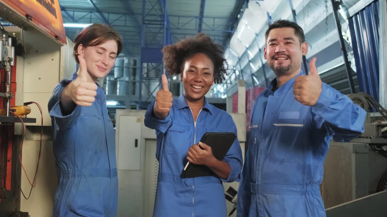 tres trabajadores se ríen y levantan el pulgar juntos después del trabajo en una fábrica industrial.