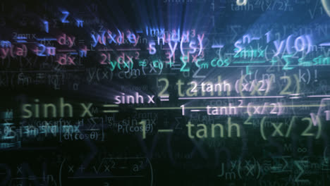 Typography-animation.-Presentation-of-the-colorful-mathematical-formulas-with-symbols,-numbers,-and-letters-writing-on-a-dark-background.-The-camera-slowly-moves-down.-Perfect-for-teaching-purposes.