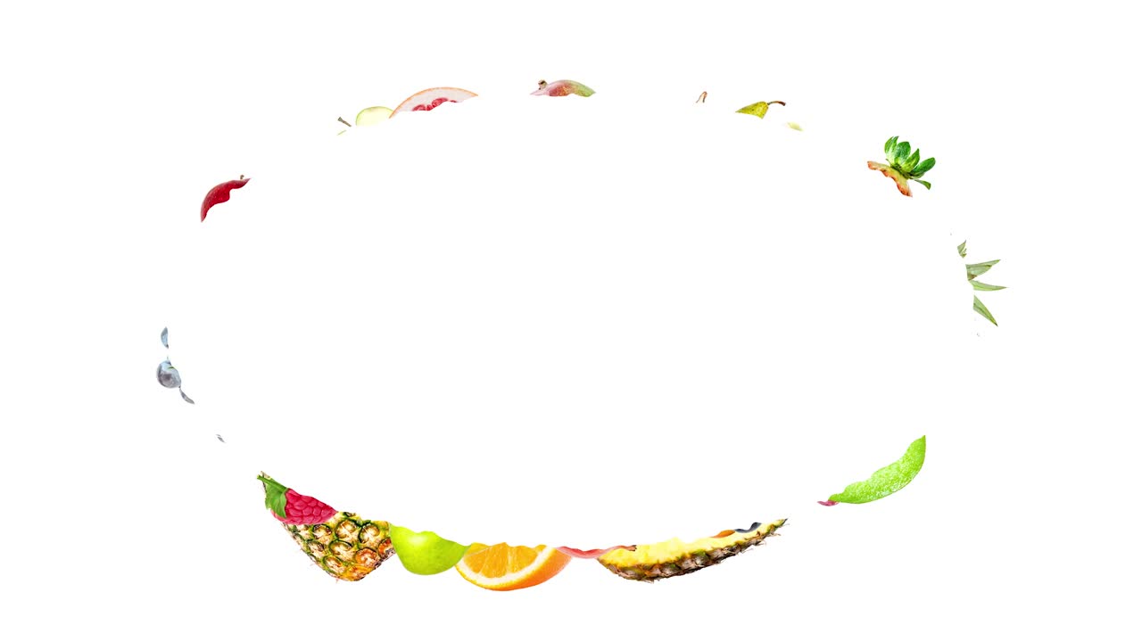 animación creativa de stop motion de muchas frutas diferentes que vuelan desde el centro y se detienen alrededor de un hermoso marco ovalado con lugar para el texto. explosión de frutas sobre un fondo blanco.