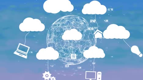 Animation-of-digital-clouds,-globe-spinning-and-network-of-connections-over-blue-background