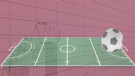 procesamiento de datos estadísticos sobre múltiples pelotas de fútbol que caen en el campo de fútbol contra un fondo rojo