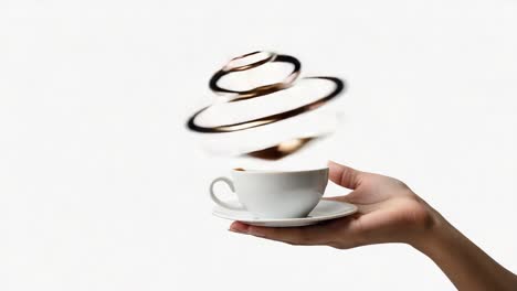 hand holding coffee cup with abstract swirling rings