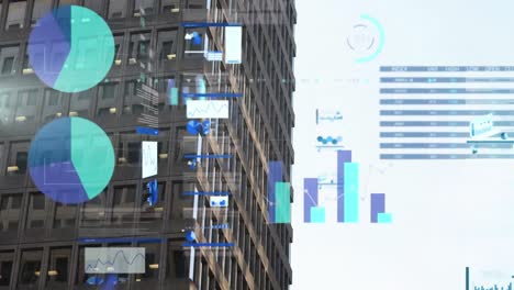 animación de pantallas con procesamiento de datos estadísticos contra edificios altos.