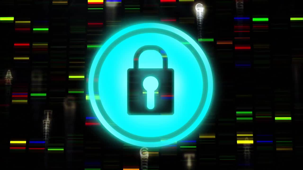 animación de la red de conexiones y el candado de seguridad en línea sobre un fondo oscuro