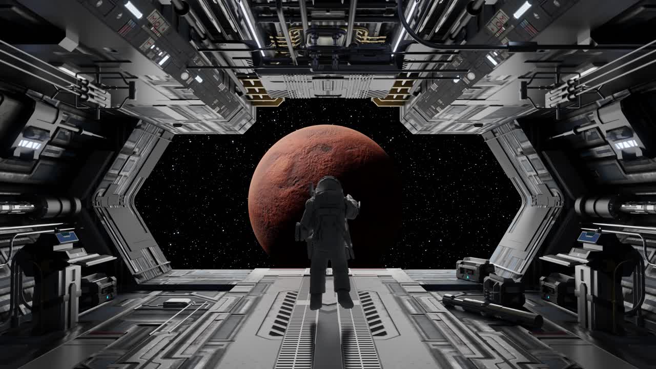 Astronaut levitating in spaceship looking at red planet