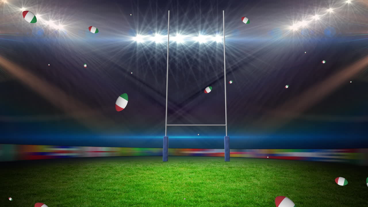 Animation of rugby balls coloured with flag of italy at stadium