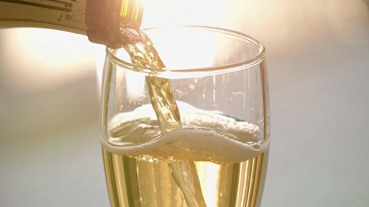 Video ravvicinato di champagne versato in un bicchiere, ripreso da un angolo basso con tonalità calde e dorate