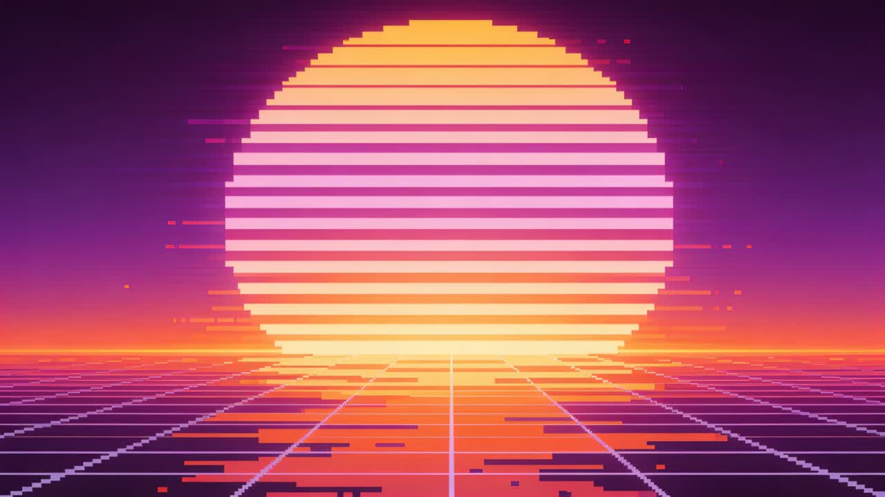 Avvio riproduzione, sole segmentato con bande che si spostano e glitching sopra una griglia al neon, evocando un'atmosfera retrò