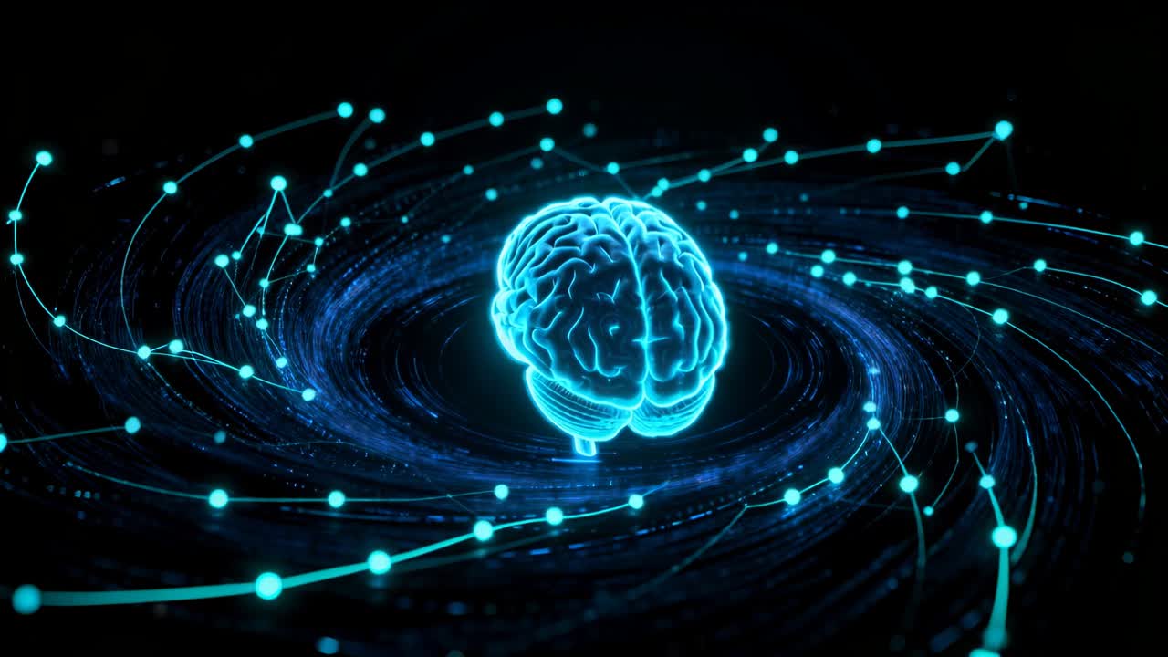 Appearing holographic brain rotating above black void, spiraling vortex visualizing neural data