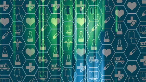 animation of network of medical icons and data processing over computer servers