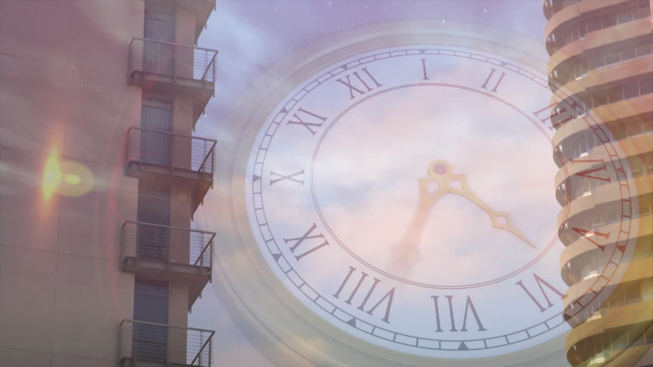 Clock appearing between towers, translucent dial rotating while moon drifting, showing time passage