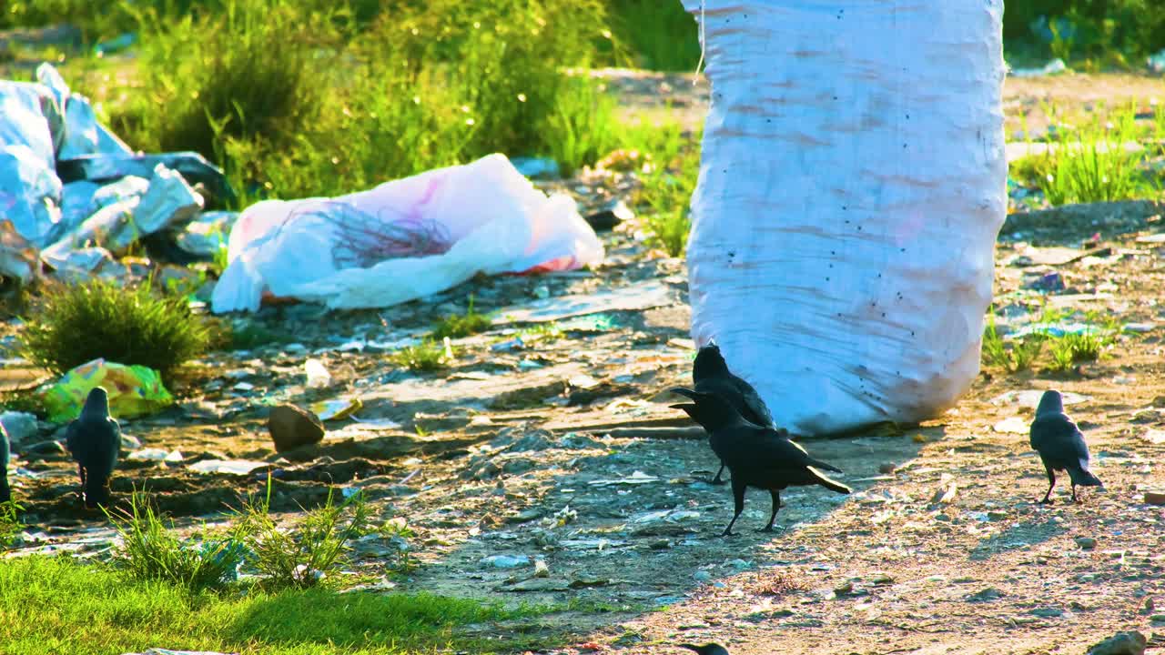 Corvi vicino a rifiuti e pericoli di spazzatura in un paese in via di sviluppo, il Bangladesh, in Asia