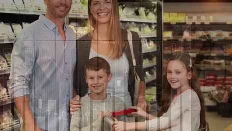 animation of financial data over happy caucasian family shopping at market