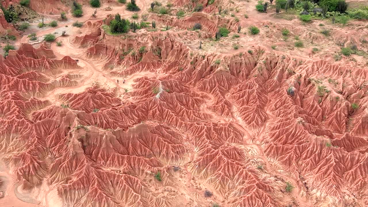Close-up aerial view of Tatacoa Desert's stunning red formations and sparse vegetation, illuminated by warm sunlight. Captured from above, it highlights the striking natural textures.