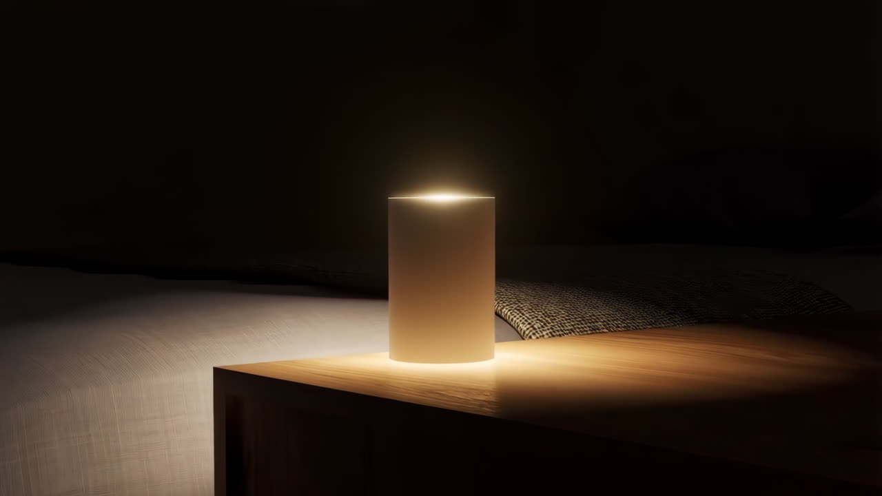 Glowing Cylindrical Lamp on a Bedside Table