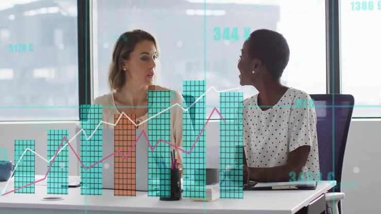 Animation of data processing over diverse business people in office