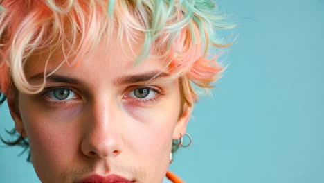 a young man with colorful hair and blue eyes