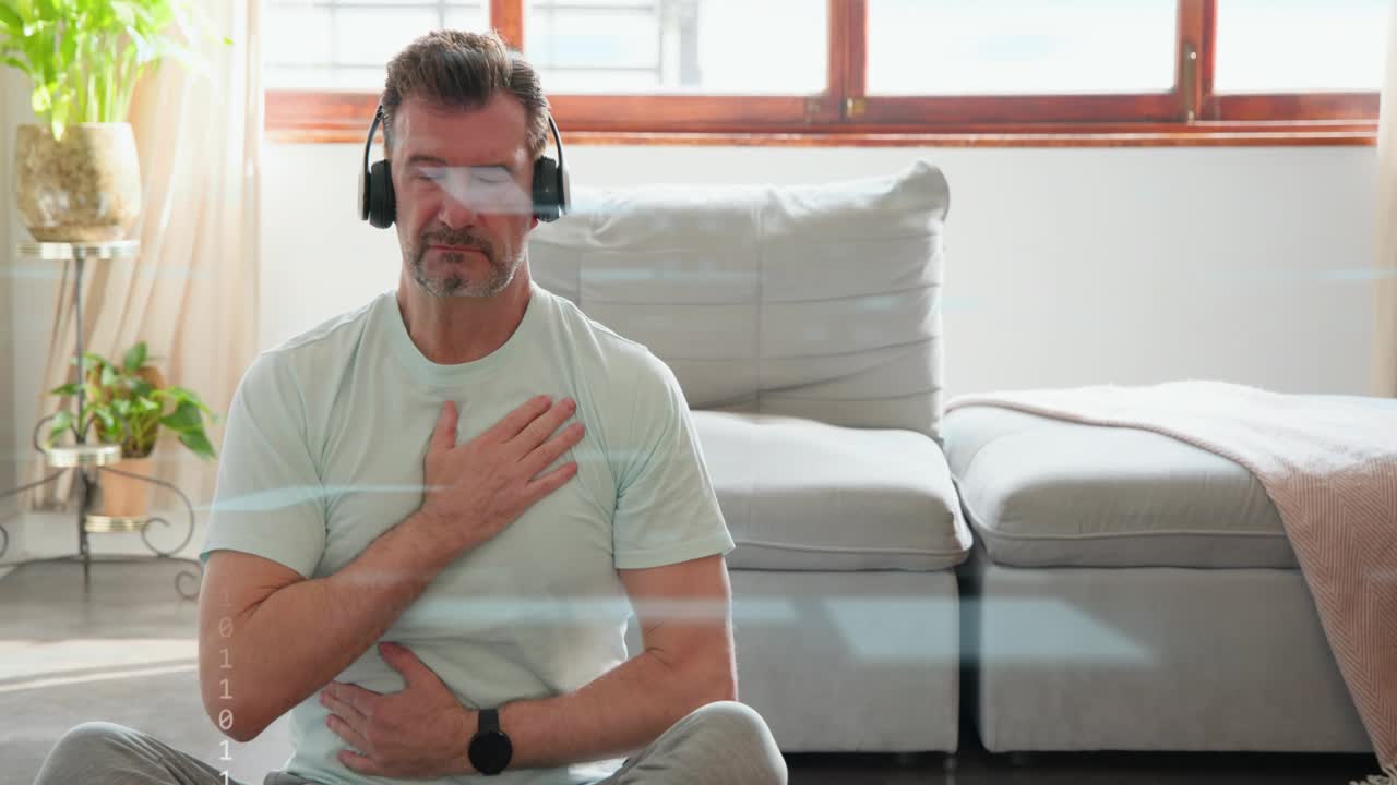 Man placing headphones and initiating cloud data while practicing wellness breathing in living room