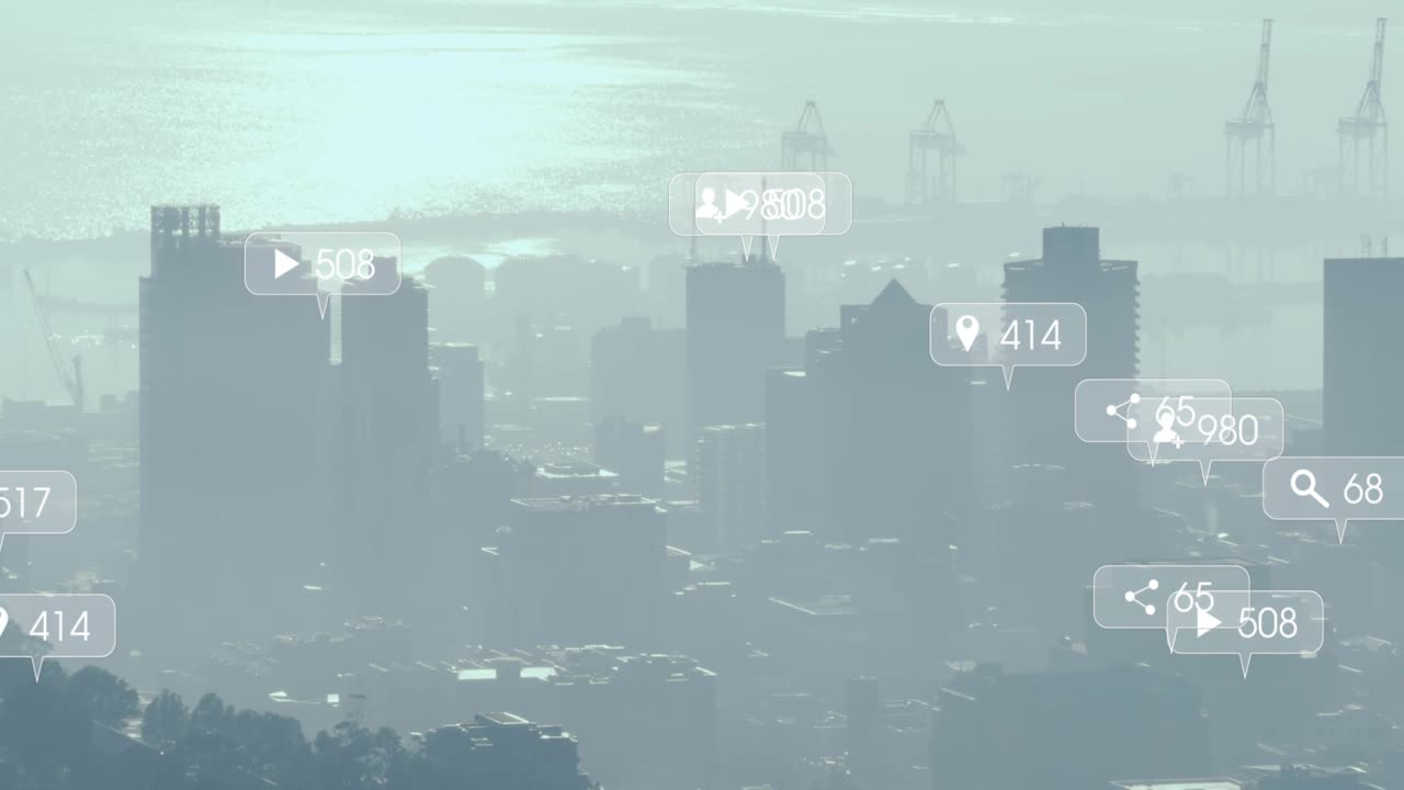 Notification bubbles appearing frame3 over skyline, clustering, updating counts, showing engagement