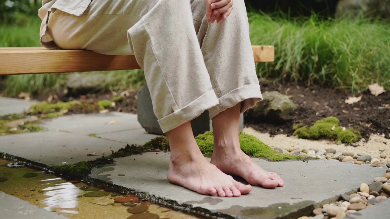 Sitting adult adjusting legs and feet on pond stone near wooden bench, linen pants for comfort