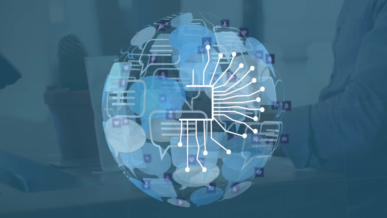 Animation of ai text and icon, data processing over globe