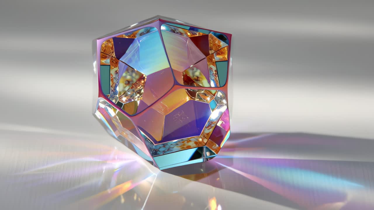 Abstract footage of a faceted iridescent glass polyhedron rotating on a glossy surface, casting rainbow refractions and prism light beams on a soft background