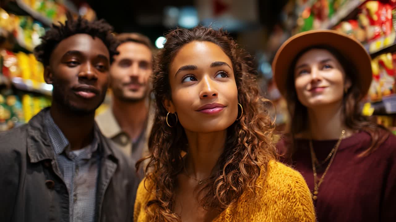 A group of friends exploring an aisle in a grocery store, showcasing their diverse expressions and styles as they engage with the colorful food products on shelves, enhancing the shopping experience