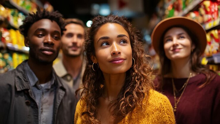 Un groupe d’amis explorant une allée dans une épicerie, mettant en valeur leurs expressions et styles variés tout en interagissant avec les produits alimentaires colorés sur les étagères, améliorant ainsi l’expérience d’achat