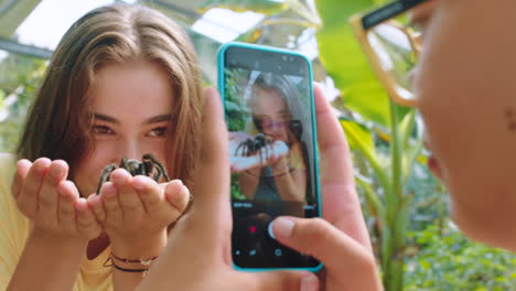 tarantula, spider and teenager with a mobile phone