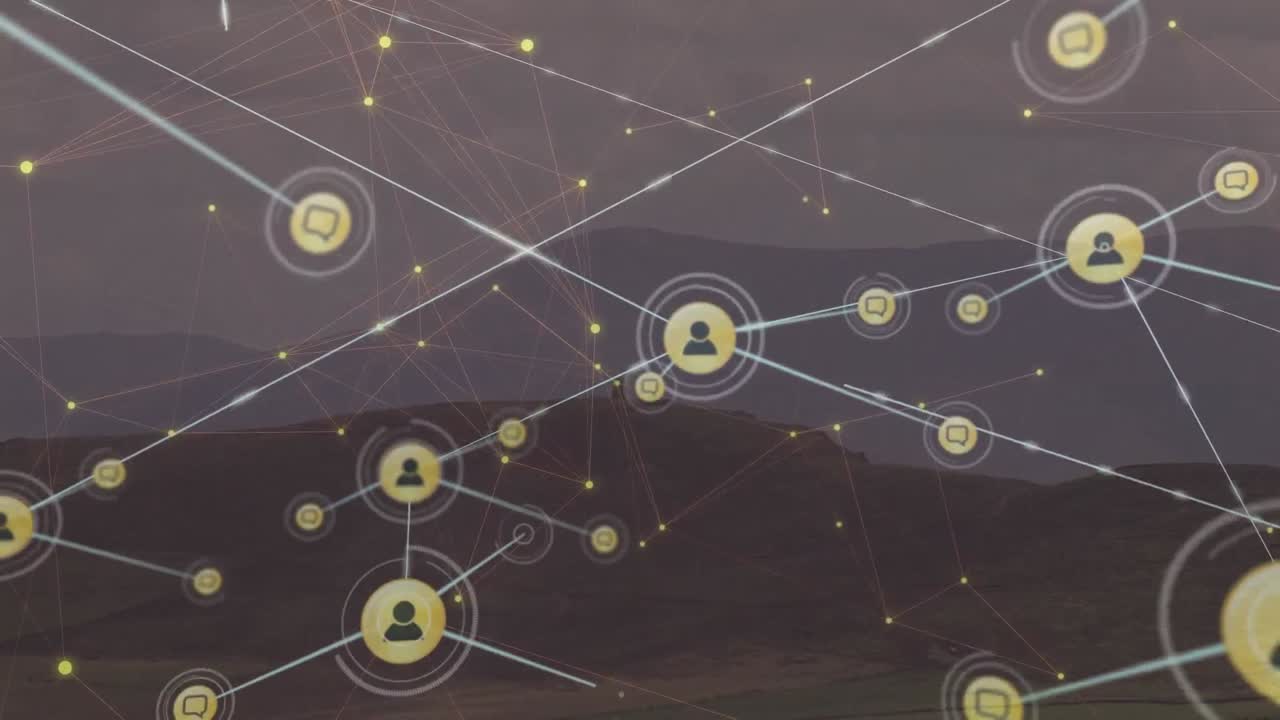 풍경 위의 아이콘으로 연결된 네트워크의 애니메이션