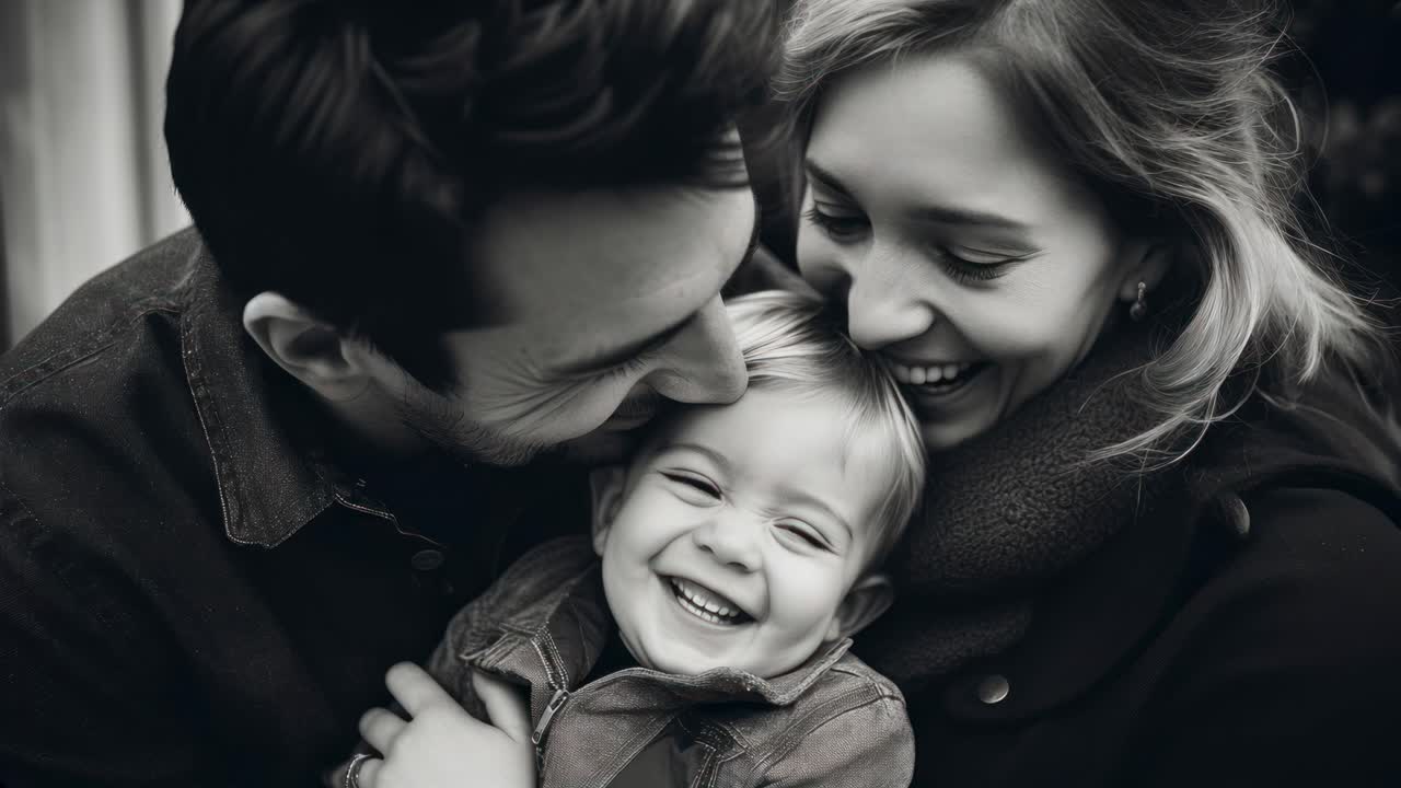 Black and white close-up video still of a joyful family embracing, captured from a slightly elevated