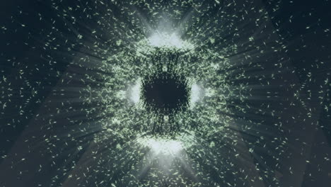 animation of glowing white particles moving together in circular motion on black background