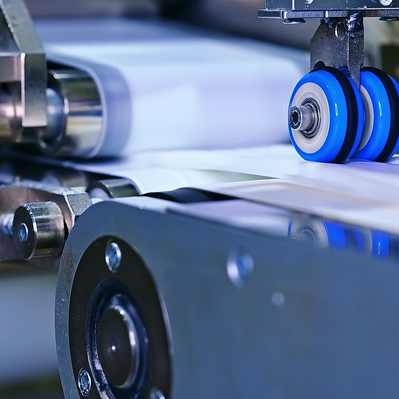Little blue rollers spin to make recesses on the diaper surface. Quickly rotating shafts of the conveyor line at the diaper manufacturing close up