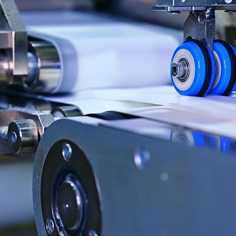 little blue rollers spin to make recesses on the diaper surface. quickly rotating shafts of the conveyor line at the diaper manufacturing close up