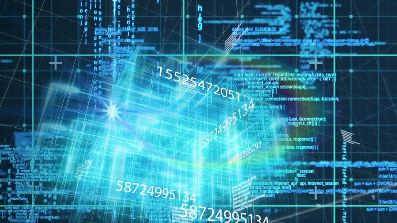 Animation of digital data flowing through futuristic blue grid network