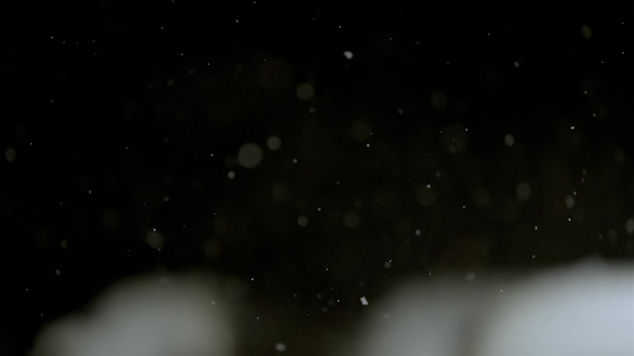 Background dokeh footage, slow motion snowfall at night, snowflakes falling down, copy space
